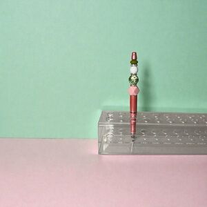 Handmade Beaded Pen – Blush Pink & Green Floral Accent